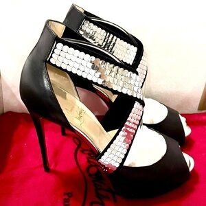 Christian Louboutin Hyper sequin cross strap peep toe Napa leather black EU39.5